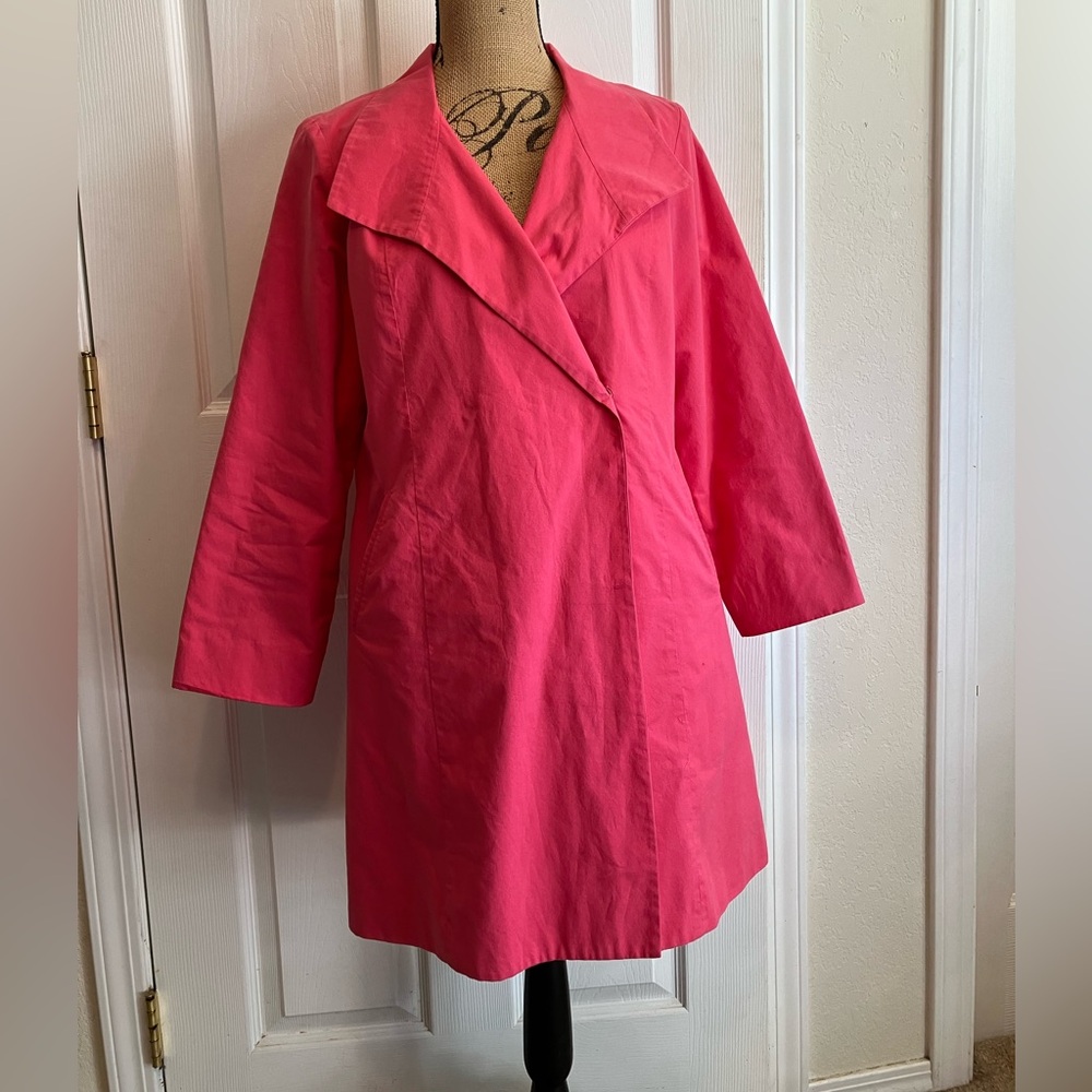 Eileen Fisher vintage 100% cotton pink long blazer snap wrap slant pockets M/L